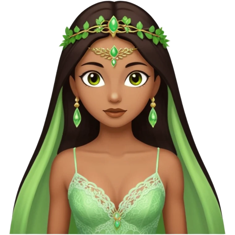 enchantress goddess wearing a embellished shimmering light powder white lace and honeydew green gown with tanned skin and super long straight dark brown hair emoji