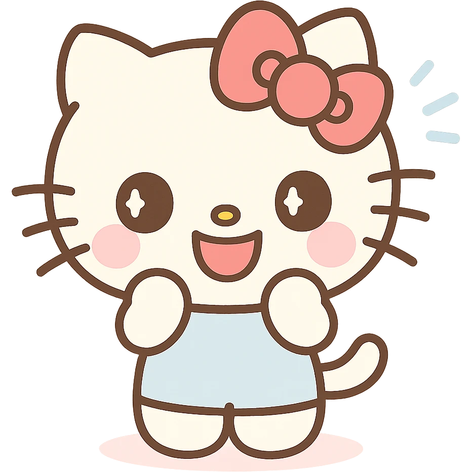 Hello Kitty laughing, kawaii style, pink cheeks, big smile, white cat with red bow, playful and adorable emoji