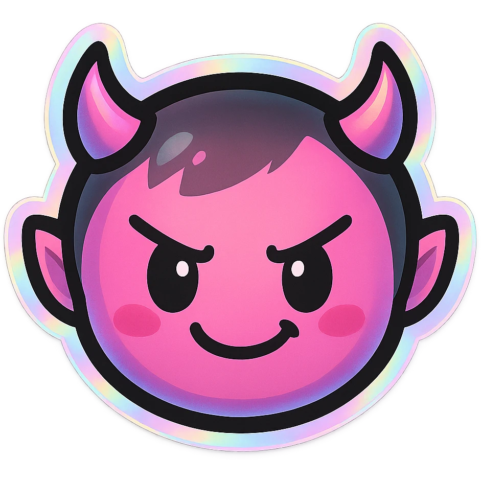 devil emoji with holographic pink and black colors, tiny horns, cute but mischievous expression, chibi style, holographic effect emoji