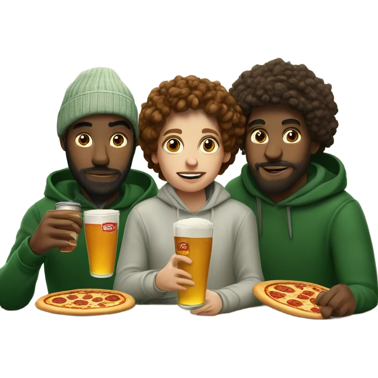 Three white college students, one wearing a ribbed green sweater,another one is artsy and wears beanies and hoodies, and the other has curly hair and beard wears a linen shirt. They are eating pizza in lower Manhattan, and drinking Stella Artois emoji