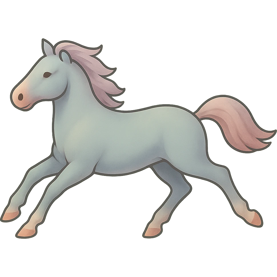 Edit the horse in Chinese eastern style with pastel palette #98B5BC, #B5B3C1, #C9A3C9, #E4C0CA, #F7DCD1, #F7C0AA. Use thin clean outlines, soft rounded shapes, detailed shadows and highlights, soft lighting, transparent background. Make it less cute and without decoration. Fourth frame: body position and appearance as in the original image, but legs changed to gallop phase — front legs extended, hind legs bent. emoji