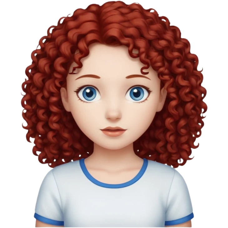 generate a young girl with dark red curly hair, blue eyes. in white top  emoji
