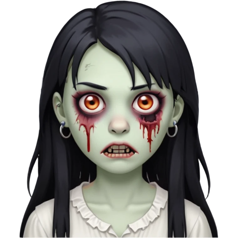 🧟‍♀️ faça igual esse emoji que coloquei só que com franja e piercing dos dois lado do nariz e no septo faça com cabelo longo preto e com a cara mais assustadora mais assustadora sem metade da bochecha cabelo mais longo e coloque com uma blusa branca  emoji