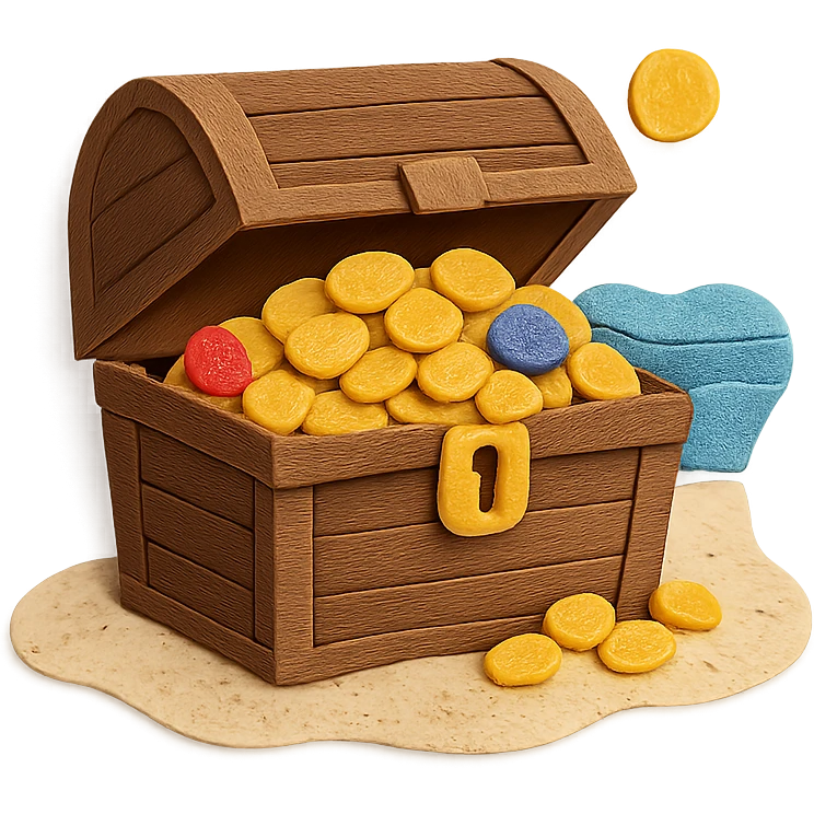illustration of a treasure chest overflowing with gold coins and jewels on a sandy beach in paper-craft style emoji