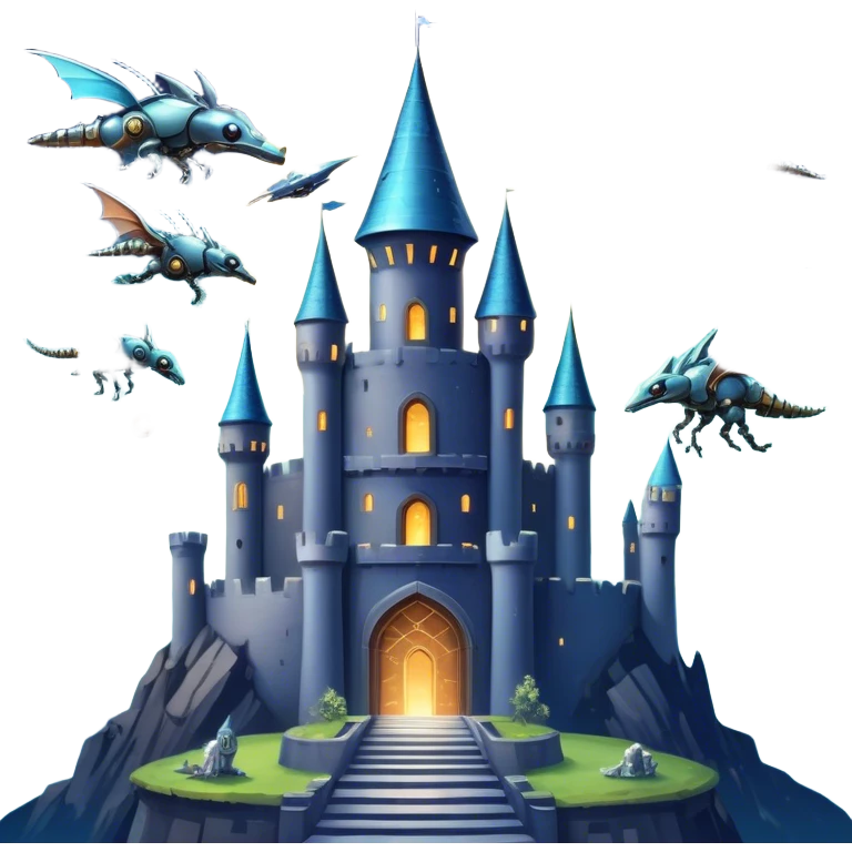Icon for Fantasy and Sci-Fi Movies: A magical collage with flying dragons. futuristic spaceships and UFOs. Stars and planets shimmer in the background with a mystical castle Hogvards an ancient wizard and robots. The atmosphere is epic, otherworldly and adventurous. Transparent background. emoji