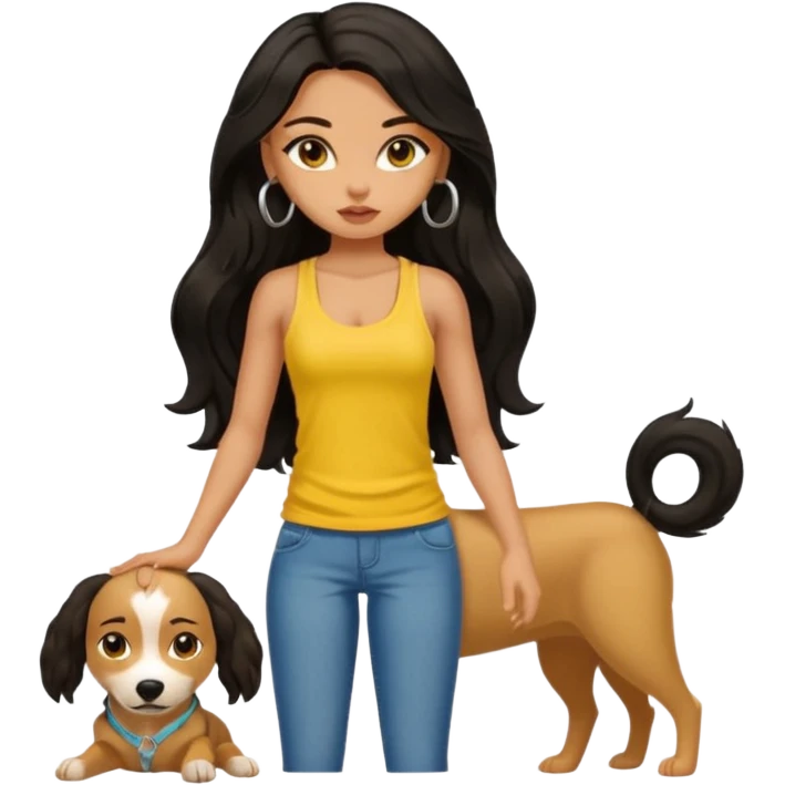 a tan pretty bratz girl with long wavy black hair, wearing a yellow tank top with a street dog emoji