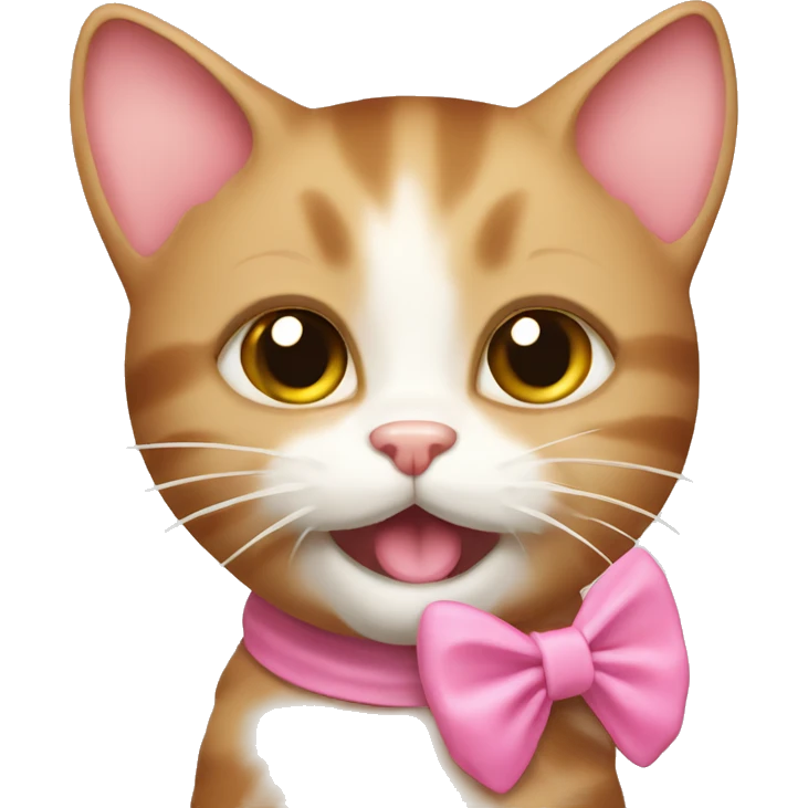 light brown kitty cat with pink bow licking milk off emoji
