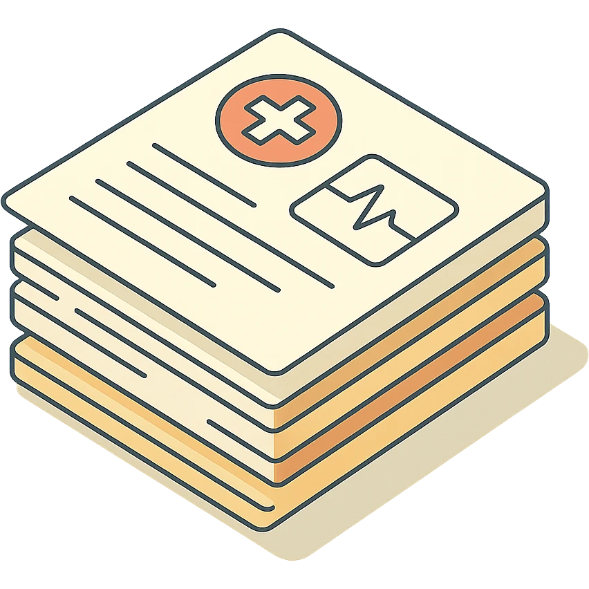 stack of medical records, 2D isometric style, very detailed drawing, shadows and highlights, clean contours, soft lighting, transparent background emoji