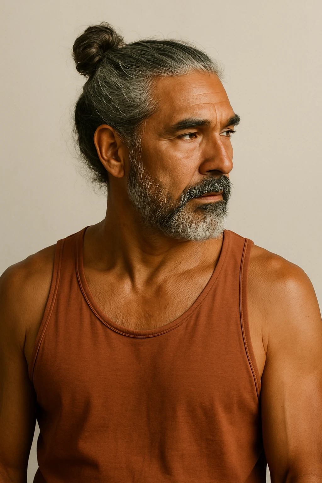 brown tanned man over 40 with long grey hair in a bun, looking to the side, upper body, plain background emoji