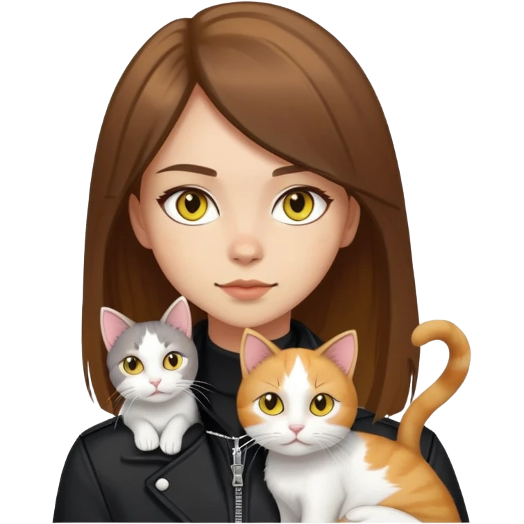 Light-skinned girl with brown straight hair wearing a black jacket, with a white cat with yellow eyes and a calico cat emoji