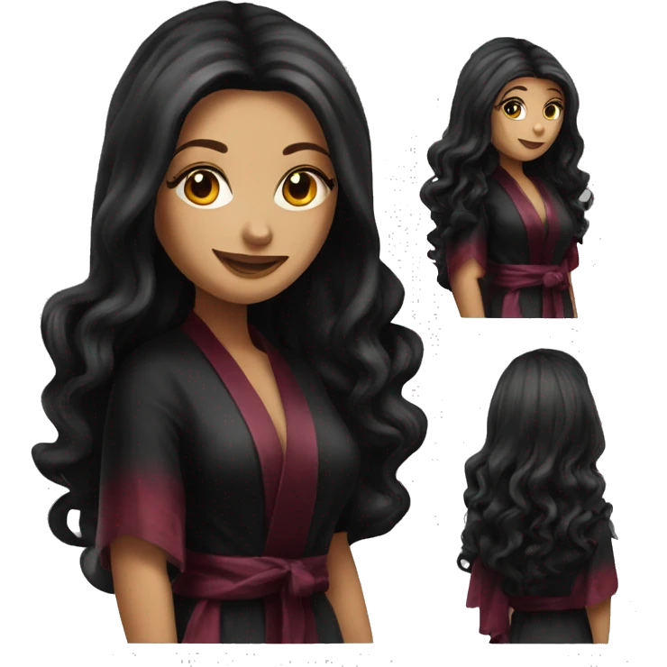 Beautiful tattooed  burgundy long haired woman in black silk robe emoji