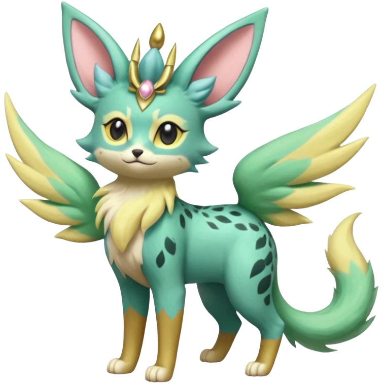 Epic complex detailed pastel minty green, pastel beige yellow pastel realistic aesthetic-scenic-Fakémon-Zorua-Litten-Leafeon-Sylveon-Trico-Sergal-Serval-Vernid-creature (full body) with far wings, shiny sparkly fairycore theme  emoji