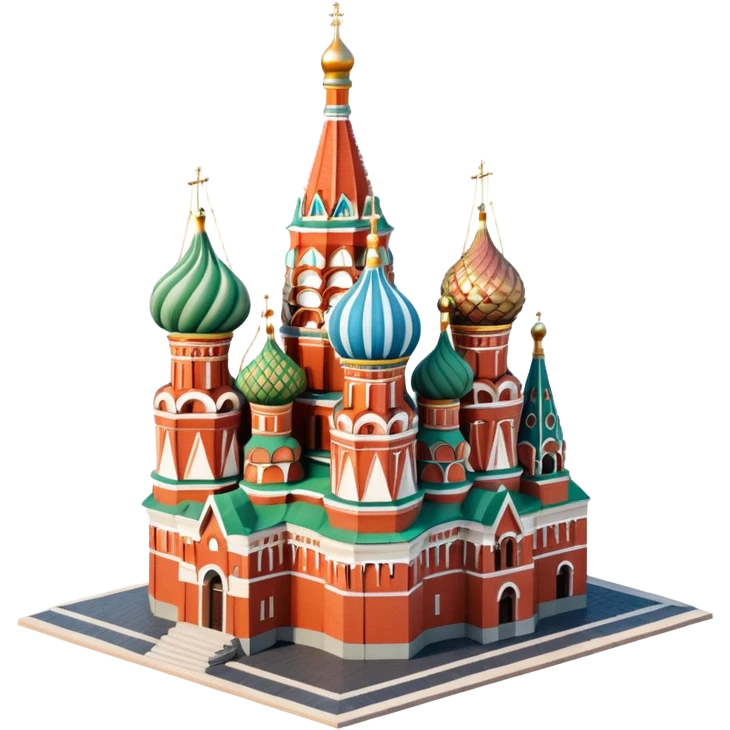 Isometric illustration of Moscow, featuring photorealistic Saint Basil's Cathedral with colorful onion domes, hand-drawn painterly details, subtle texture on bricks and roofs, realistic shadows and soft lighting, muted yet vivid color palette, diorama miniature effect. emoji