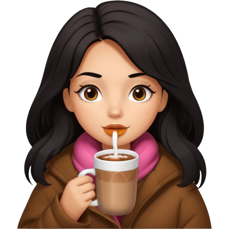 anned Girl with lashes , bright black long hair, in an extremely big fluffy brown oversized jacket, and drinking hot chocolate drink emoji