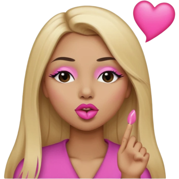 Mujer color de piel moreno claro, con cabello rubio largo, lacio y suelto, ojos negros, labios rosa, mandando un beso con un ojo cerrado  emoji