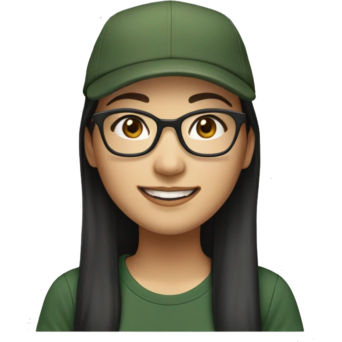 Hyper realistic, look from side, asian adult woman, light white skin, smiling with teeth, black eyes, spotted frame glasses, long brown straight hair with highlighted strands, black T-shirt, dark green cap. emoji