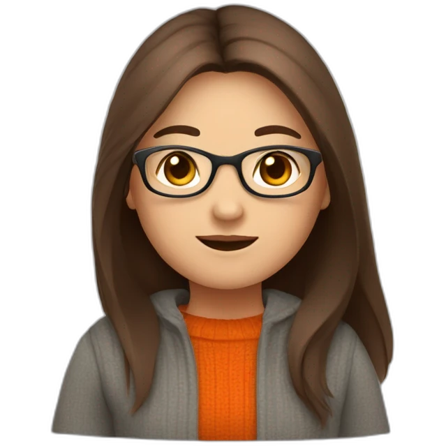 cute chubby girl with light grey glasses with long straight brown hair waving wearing a dark orange sweater emoji