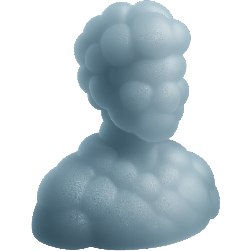 person from shoulders up, fully composed of white fluffy convex clouds, matte glass style, no background, no extra details emoji
