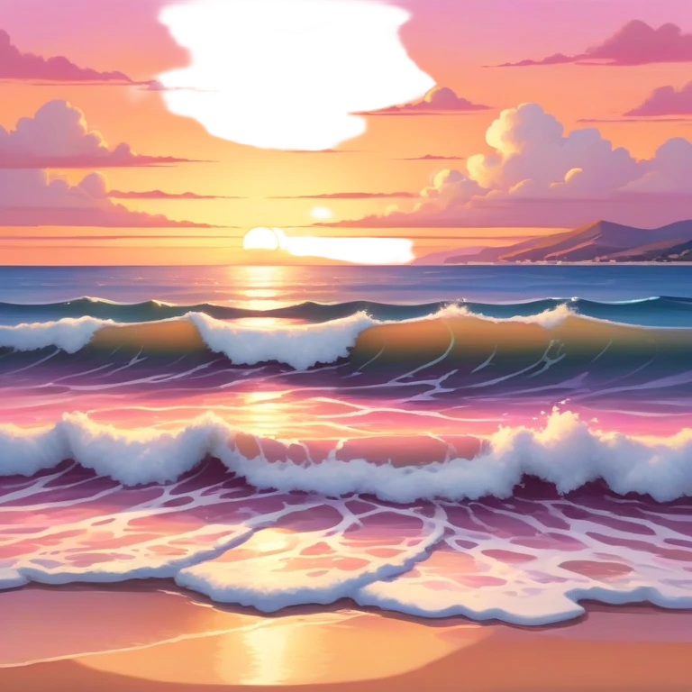 A tranquil seascape with warm-toned waves gently crashing onto the shore, bathed in the golden hues of a sunset. The sky is painted in vibrant oranges and pinks, with a serene, peaceful atmosphere and a distant horizon that adds depth to the beautiful scene. emoji