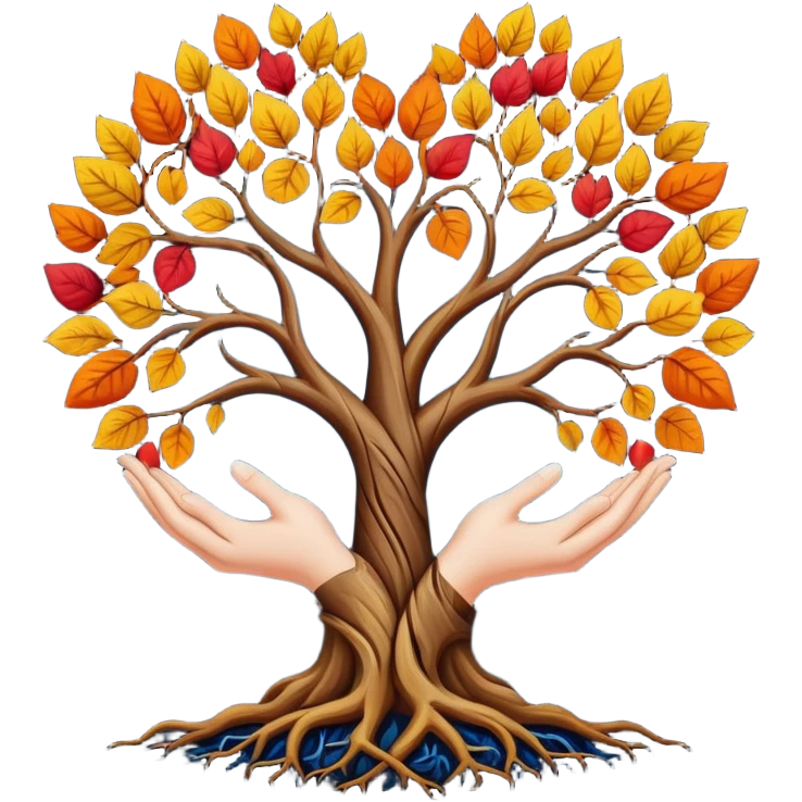 The emoji features a stylized tree with roots that form the shape of a heart, symbolizing love and connection. The tree's branches are adorned with vibrant leaves in shades of orange, red, yellow, and blue, suggesting autumnal colors. Two hands emerge from the bottom of the image, holding the tree's trunk between them, signifying a nurturing or supportive gesture. The background is dark, which contrasts with the brightly colored tree and hands, enhancing their visual impact. emoji