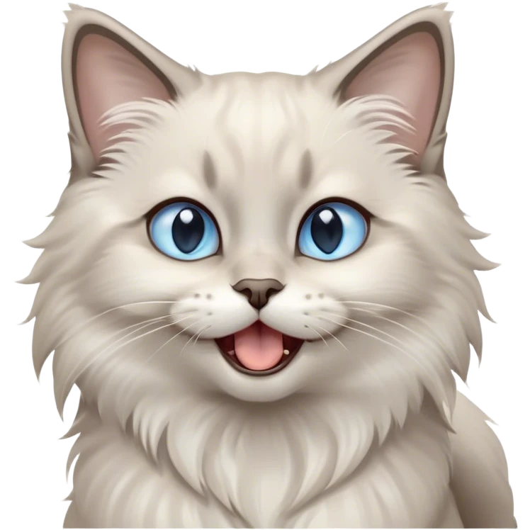 Cinematic Adorable Fluffy Light Grey Mantle Ragdoll Cat Portrait Emoji, Head tilted cutely with big, sparkling blue eyes, soft light grey fur with darker points on the ears, face, and paws, Simplified yet irresistibly adorable features, highly detailed, glowing with a soft, warm glow, high shine, yawning in a peaceful and playful manner, stylized with a touch of whimsy, bright and endearing, soft glowing outline, capturing the essence of a relaxed and loving kitten, so cute it feels like it could leap out of the screen and stretch into a cozy nap! emoji