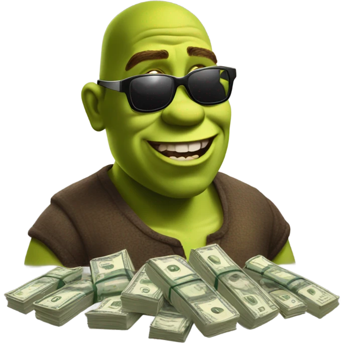 Shrek counting money, wearing sunglasses, bald emoji