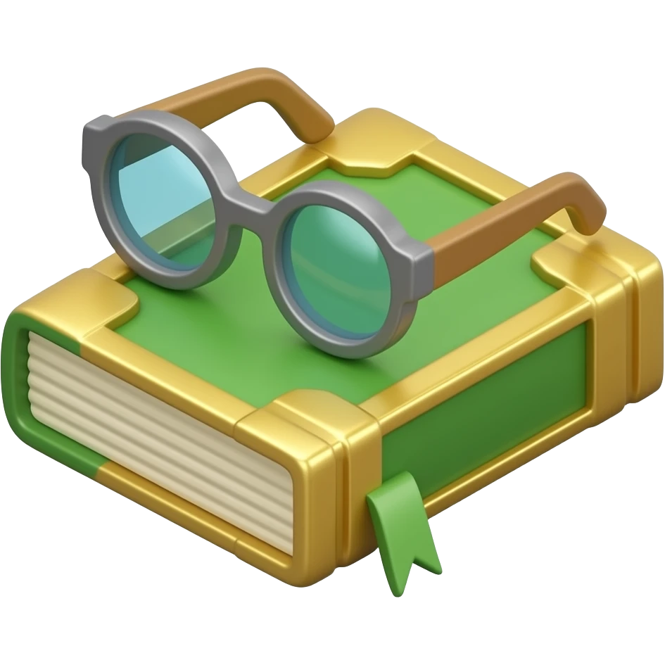 3D isometric glasses icon, resting on ivory book.
Minimalist professional style, emerald green & gold accents.
Soft studio lighting, 8k Octane render, ray-tracing detail.
Isolated on white background, premium literary aesthetic --v 6.0 emoji
