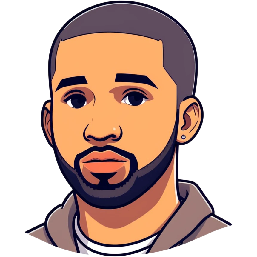 2012 illustration, version of Drake,  canadian actor, singer and rapper from Toronto, must be ultra hyperrealistic, and mirco-detailed, 3D appearance sticker design
 Must be 8k hd, 8000x8000px resolution. Must use very thin transparent smooth lines around sticker.  emoji