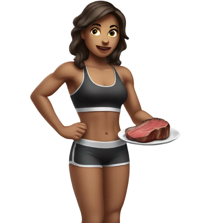 Brunette gym girl eating steak  emoji