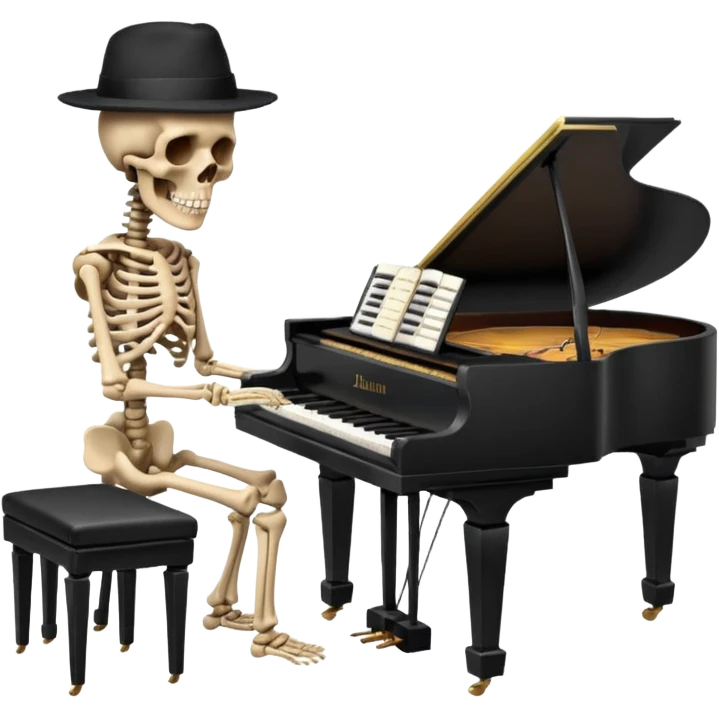 a human skeleton in anatomical proportion wears a black hat and plays the piano emoji
