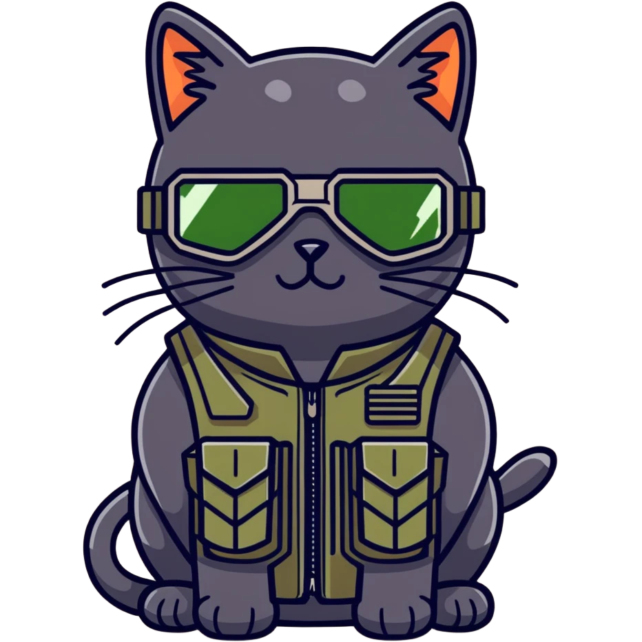 black cat with a military tactical vest in night vision goggles, ￼￼ emoji