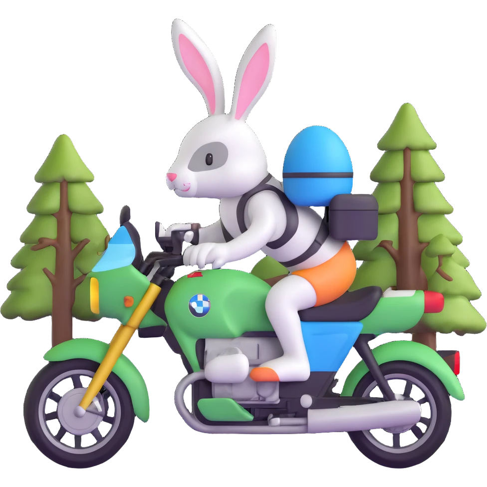 Easter bunny riding a BMW boxer motorcycle with trees and grass in the background emoji