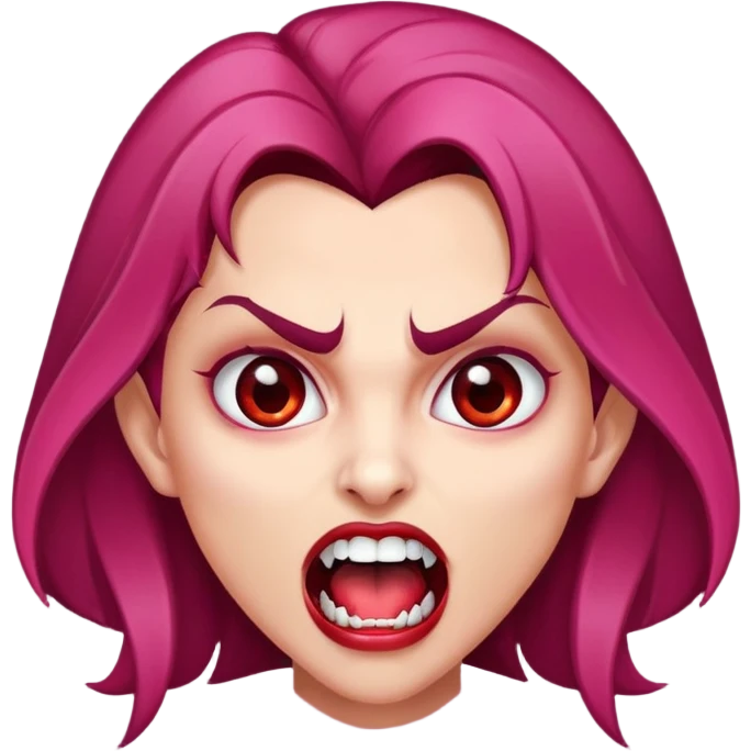 Uma vampira, com a boca aberta mostrando os caninos afiados. Olhos castanhos, cabelo com mechas vermelhas quase rosa. Rosto oval, tom de pele parda. emoji