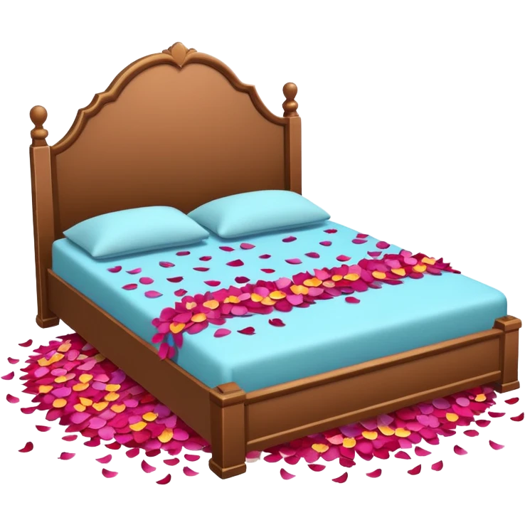 Romantic double-bed with flower petals spread on it  emoji