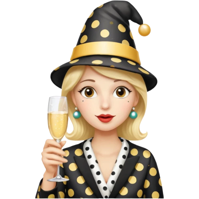 shushing face, eyes wide, wearing a polka dot party hat, celebratory mood emoji