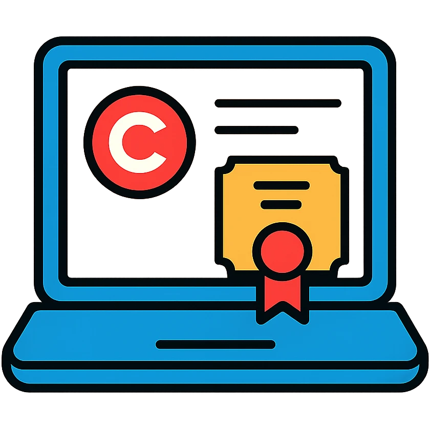 Online learning laptop with Coursera certificate emoji