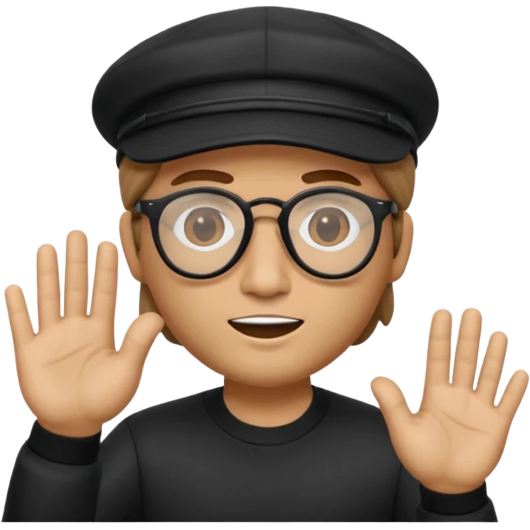 el Memoji es un personaje masculino con cabello castaño, gafas y una gorra blanca. Tiene la mano levantada como si estuviera diciendo "stop" o "espera". emoji