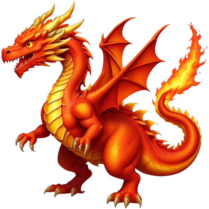 cinematic-noble-fierce-fire-dragon-full body-emoji,-poised-and-imposing,-with-a-muscular,-scaled-body-ablaze-in-fiery-hues-of-crimson,-molten-orange,-and-molten-gold,-and-intense,-burning-eyes-that-mirror-the-heart-of-a-volcano;-rendered in detail, displaying hi emoji