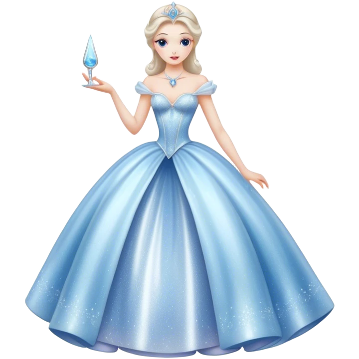 Cinematic Realistic Cinderella Portrait, depicted with lifelike skin texture, subtle rosy undertones, and soft natural lighting that enhances the gentle contours of her face. Her intricately detailed golden blonde hair is elegantly styled in an updo, with delicate wisps framing her face. Her deep, expressive blue eyes radiate warmth and sincerity, reflecting a quiet resilience and grace. She holds a glass slipper gently in one hand, her other hand resting gracefully at her side, emphasizing the timeless beauty of the moment. She is dressed in her iconic ball gown, the fabric shimmering with intricate embroidery and fine translucent layers that catch the light beautifully. The soft sheen of satin gloves adds a magical touch to her graceful pose. The portrait features an enchanting glow with a natural, luminous finish, seamlessly blending realism and fairytale charm to evoke a sense of depth, elegance, and timeless beauty. emoji