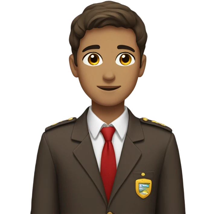 it's a very calm guy, 17-18 years old, has brown short hair and brown-blackish eyes, in a school uniform which is brown and has a red tie.  emoji