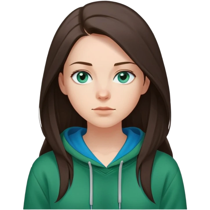 Young woman with fair skin, long straight dark brown hair, and blue eyes. She has a neutral facial expression. She is wearing a green hoodie over a dark top, and a thin necklace. The background is plain white emoji
