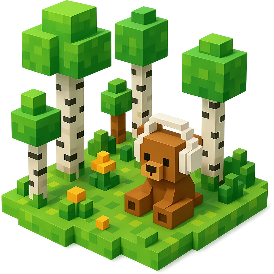 березовый лес, в котором сидит бурый медвежонок в белых наушниках (наушники должны закрывать уши медведя), no background  emoji