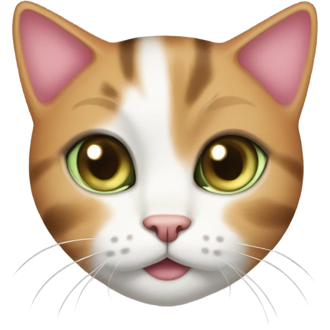 3 color cat(orange.black.white), pink nose, black spot, short hair, light brown spot on beard, light green eyes 듣기 emoji