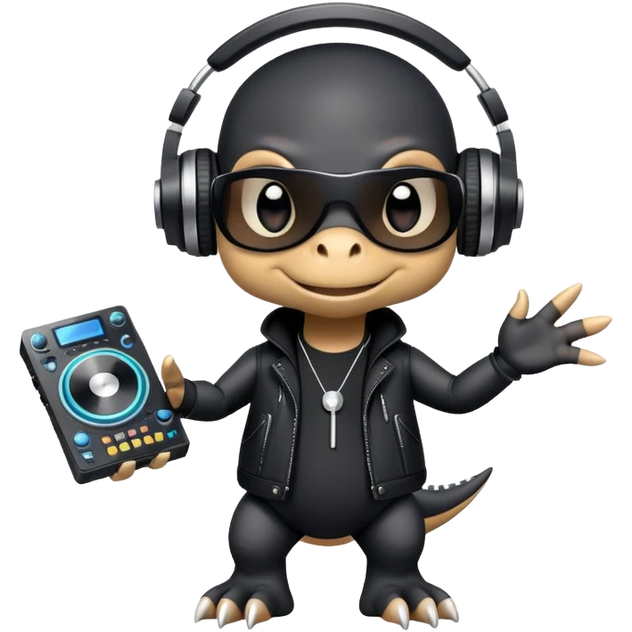 Dinosaurio muy tierno músico DJ con ropa negra futurista  emoji