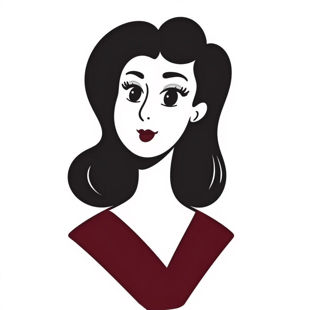 Sophisticated woman in her 30s with bright complexion, defined features, almond eyes with bold eyeliner and notable lashes, medium-thick eyebrows, straight elegant nose, thick bright red lips, voluminous dark straight hair with soft waves at ends, wine red velvet V-neck dress emoji