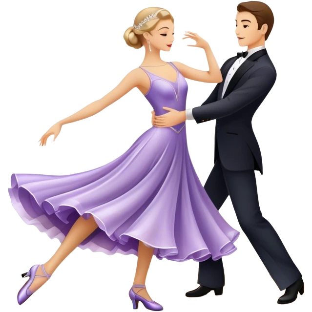  Icon for Ballroom Dance: elegant dance shoes, a flowing ballroom dress and a dance floor with soft lighting. The icon should capture the grace, elegance, and style of ballroom dancing. Transparent background. emoji