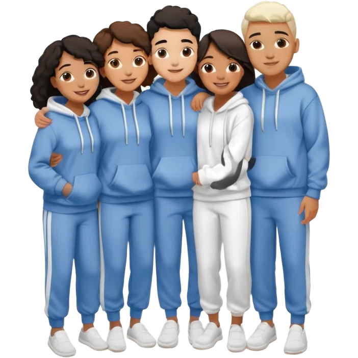 four mixed race friends all wearing white oversized hoodies, white sweatpants, and white slides huddled together hugging emoji