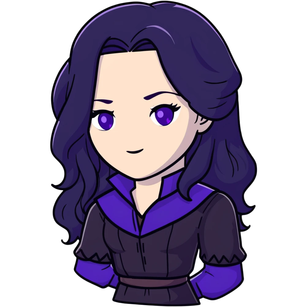 Yennefer from Witcher with long black hair, violet eyes, pale skin, wearing black clothes emoji