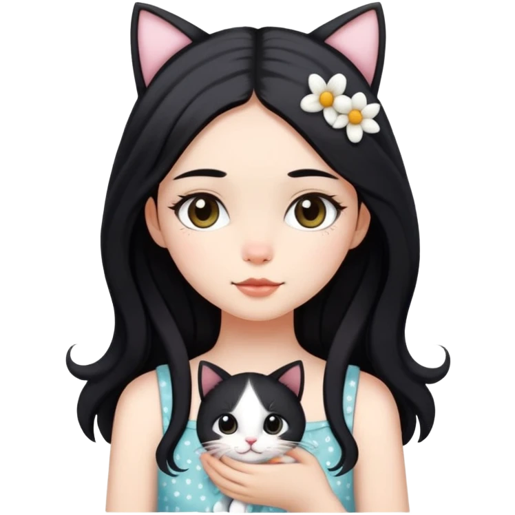 A pretty girl with long black hair wearing a nice sundress and some cutie decorations topped on her head while holding her black and white cat emoji