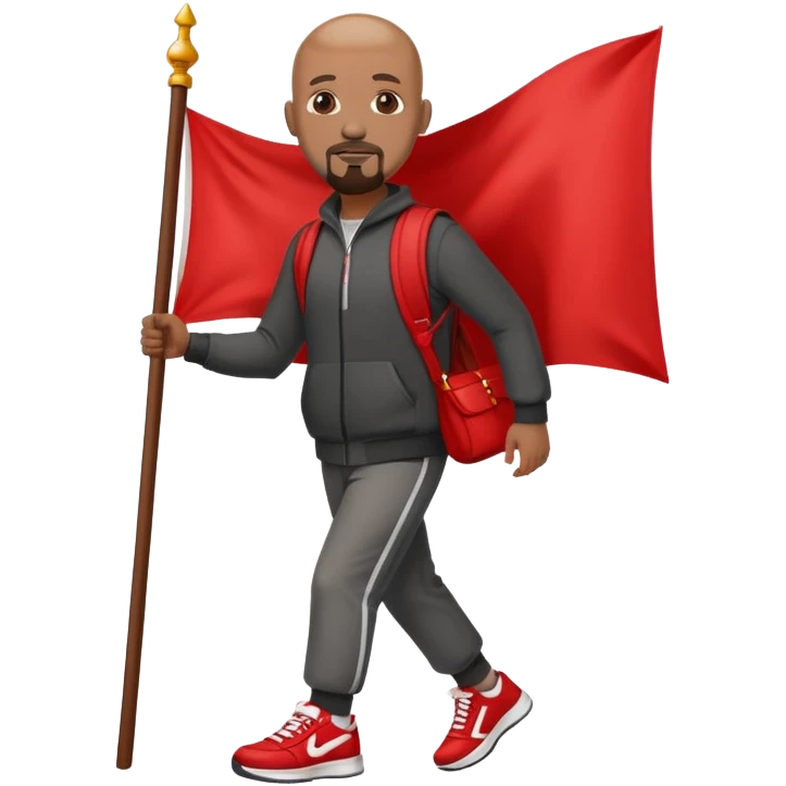 Bald black man with a white goatee in sneakers carrying a red flag emoji